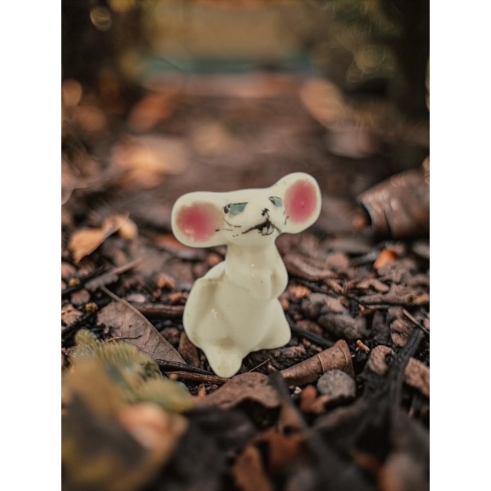 Vintage Miniature Porcelain Mouse Figurine Cream Pink Ears 1.25 Inch